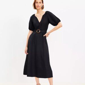 NWT LOFT Linen Blend Belted Puff Sleeve Dress Midi Black Boho Size 0